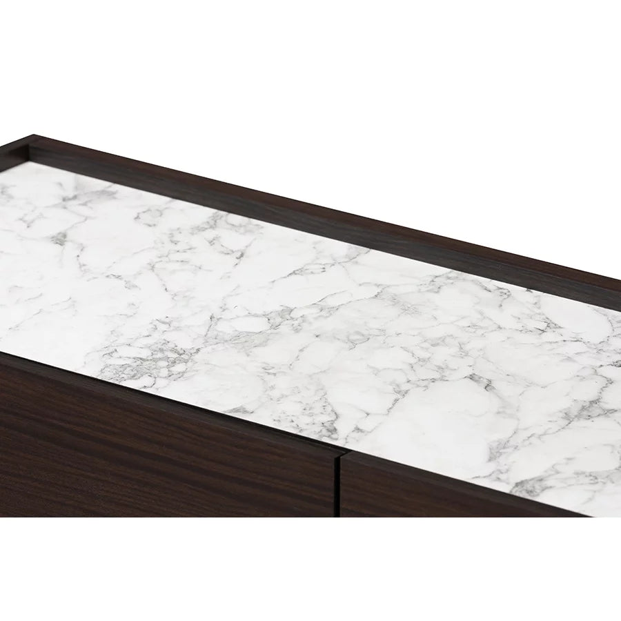 Dark Brown Gold Wood 6-Drawer Dresser with Faux Marble Top S6118