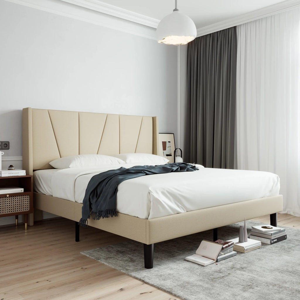King Size Beige Upholstered Platform Bed with Wingback P650
