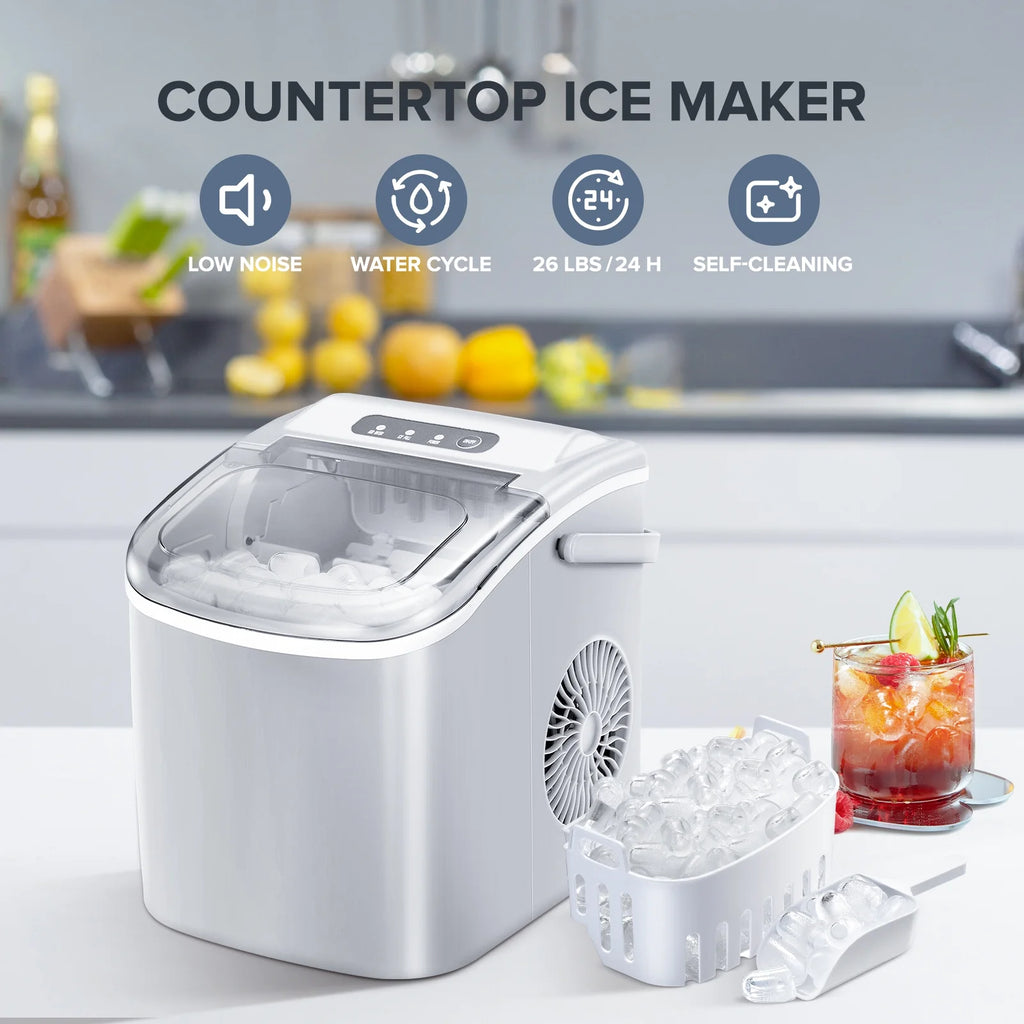 Countertop Portable Ice Maker Machine with Handle, 9 Bullet-Shaped Ice Cubes, 26Lbs/24H with Ice Scoop and Basket I37367
