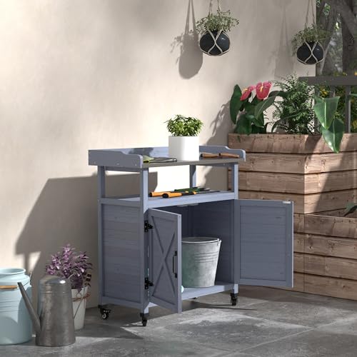 Wooden Potting Bench Table with Storage Cabinet H4979
