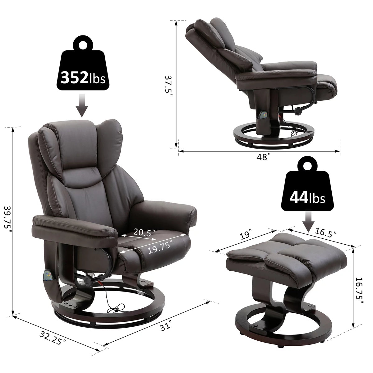 Brown Faux Leather Massage Recliner Chair with Footrest N27857