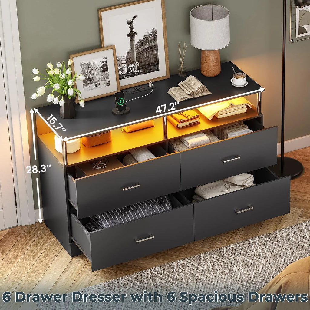 Black 6 Drawer Dresser with Charging Station and LED Light O335