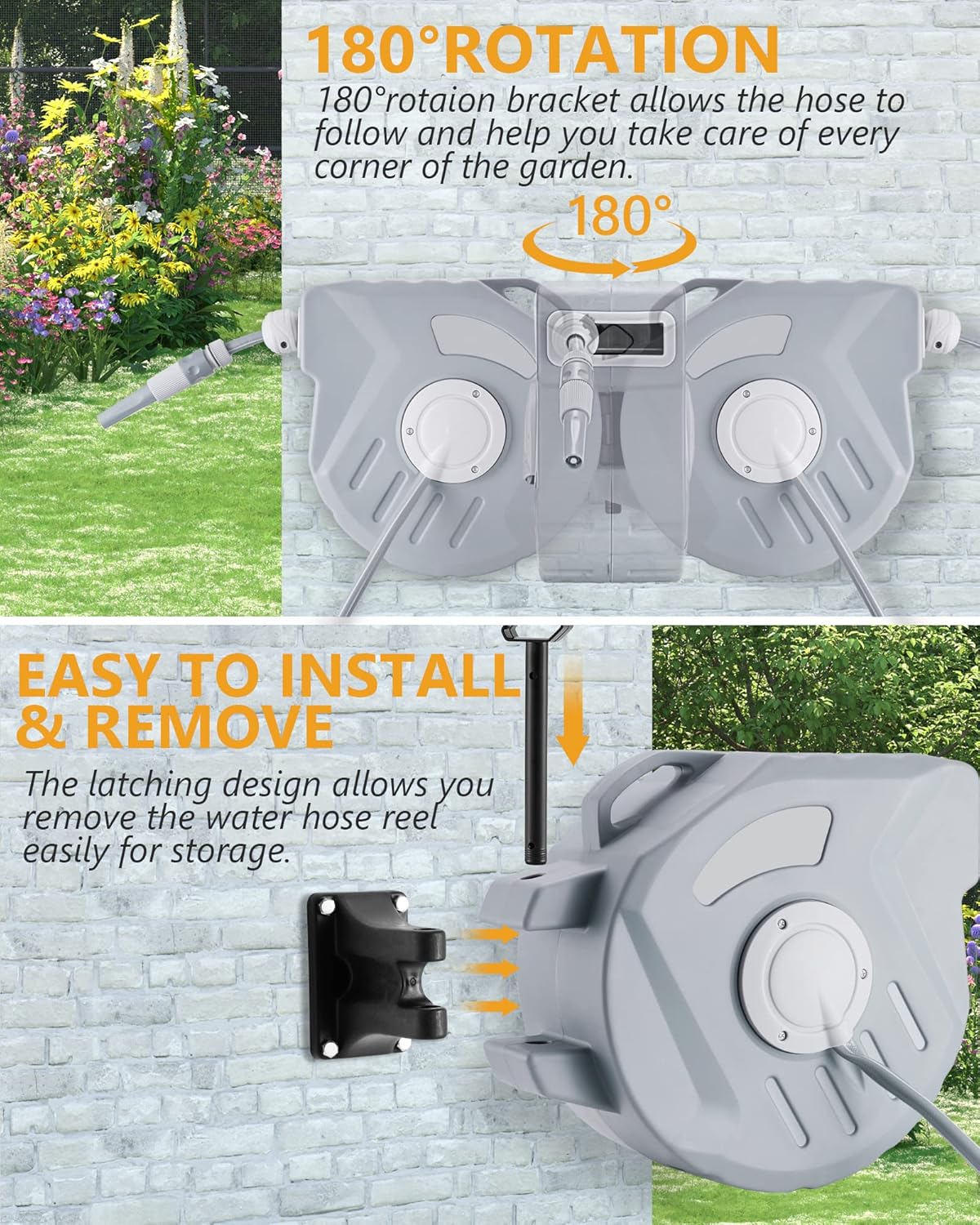 65FT Wall Mounted Retractable Garden Hose Reel with 9 Pattern Nozzle K9983