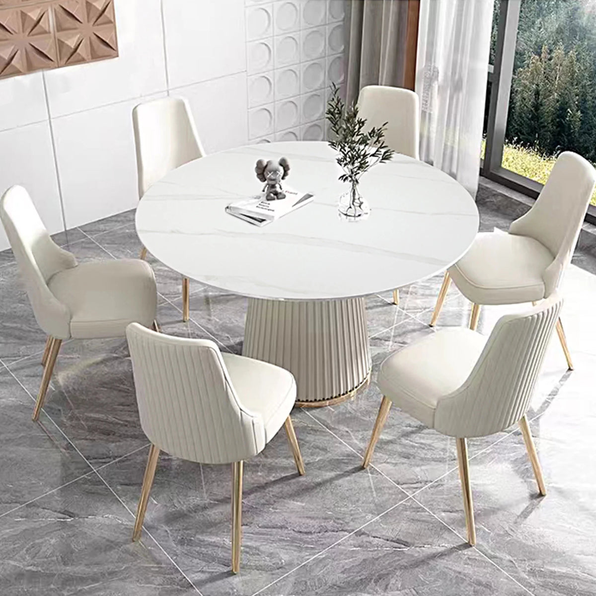 White 7 Piece Faux Marble Dining Table Set K67111