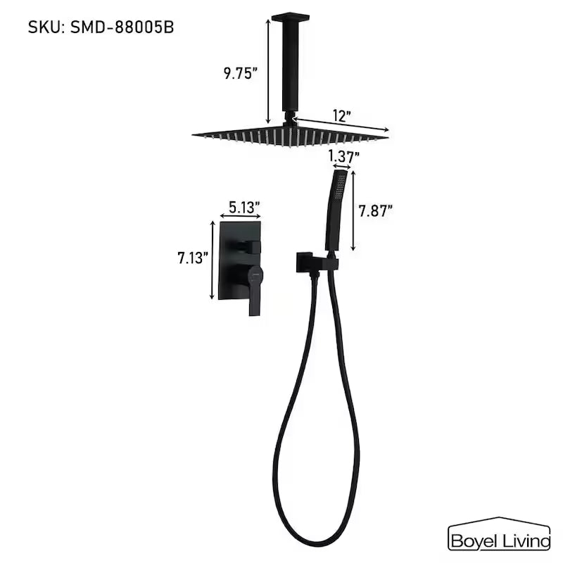 12 in. Ceiling Mount Dual Shower Heads with Pressure Balance Valve in Matte Black I430