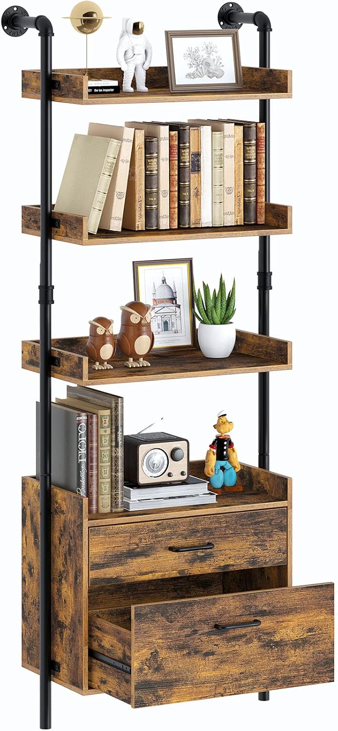 Industrial Bookshelf with 2 Wood Drawers, Wall Mounted 3-Tier Bookcase, Rustic Brown F5054