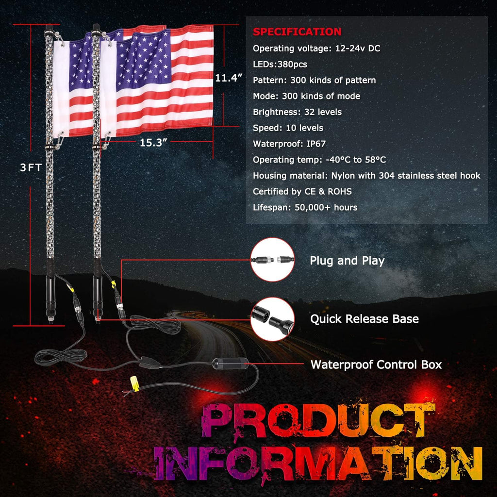 2PCS 3FT RGB Spiral LED Whip Lights for UTV ATV Offroad Trucks L209