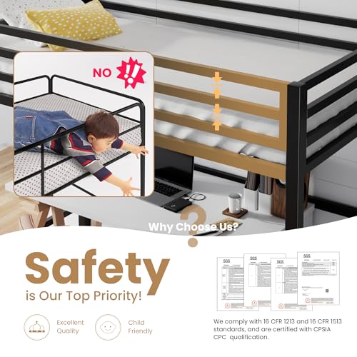 Twin Size Black Metal Loft Bed with Ladder and Guardrail H8440