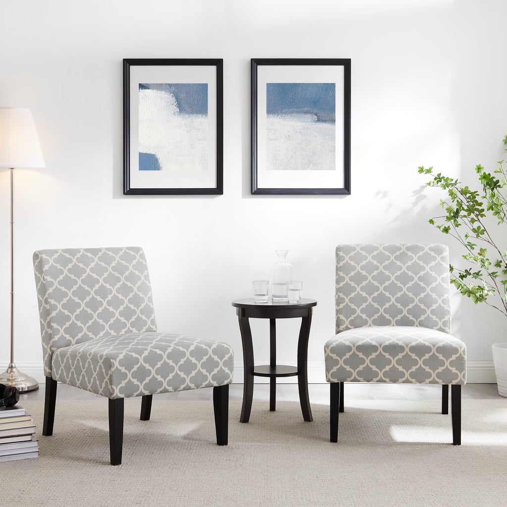 3pc Set Gray Fabric Upholstered Side Table and 2 Chairs O635