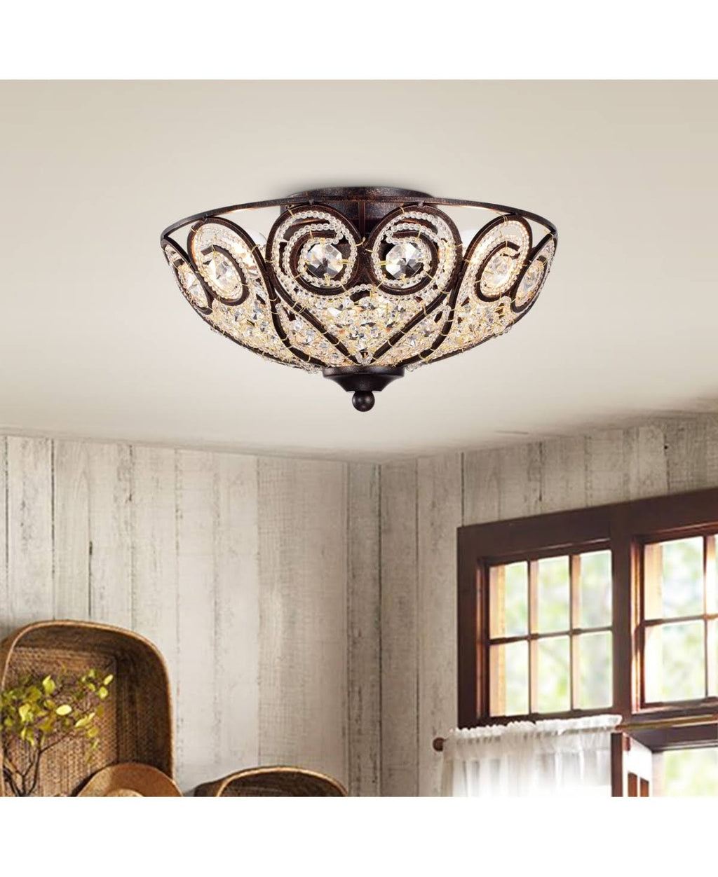 Rustic Bronze Flushmount Ceiling Lamp with Crystal Shade J907397
