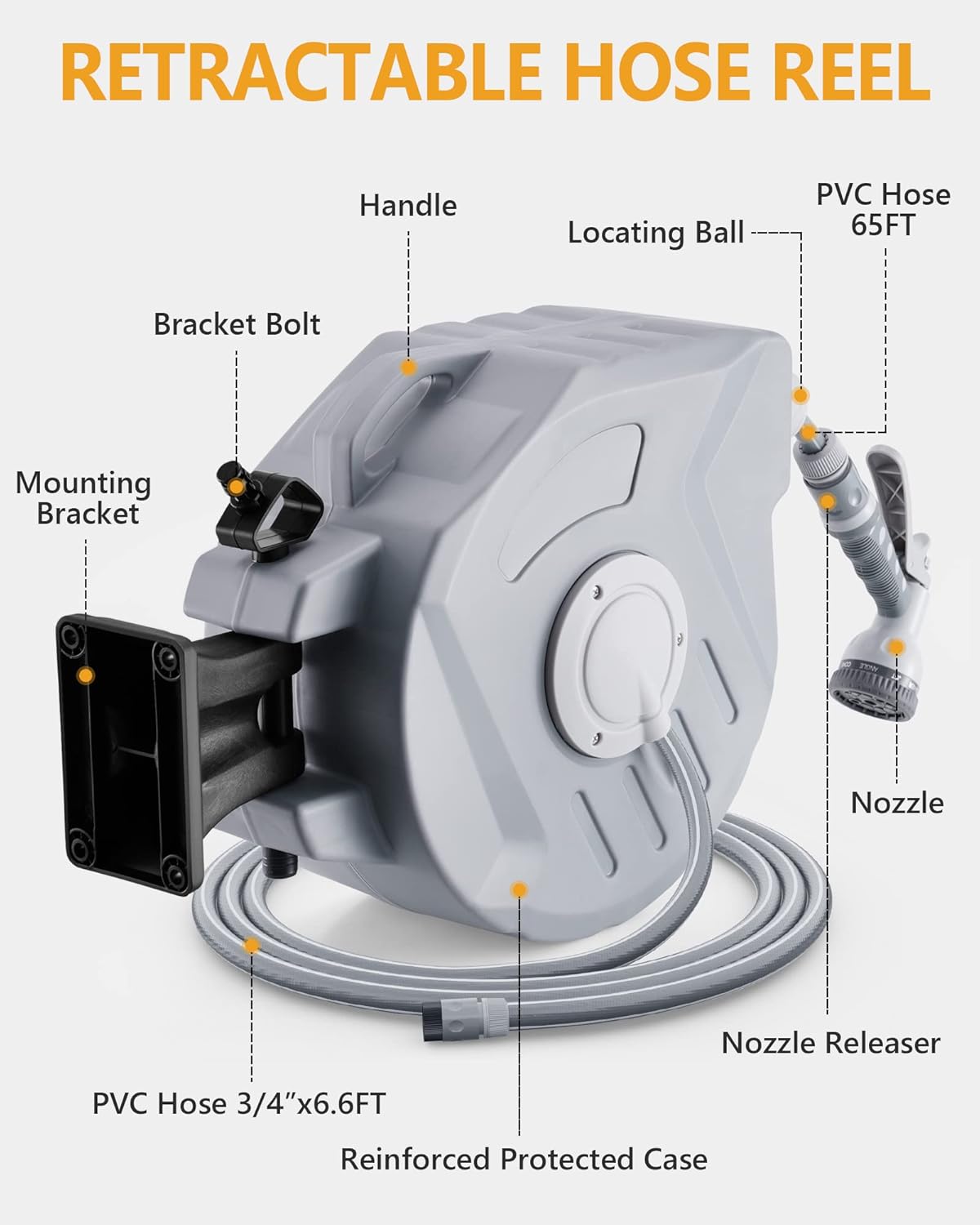 65FT Wall Mounted Retractable Garden Hose Reel with 9 Pattern Nozzle K9983