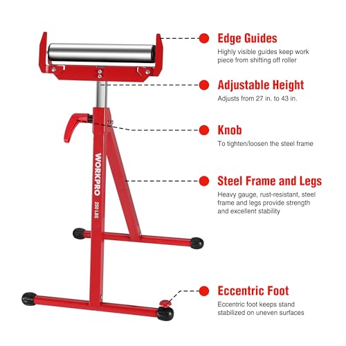 WORKPRO Folding Roller Stand Height Adjustable, Heavy Duty 250 LB Load Capacity, Outfeed Woodworking V48710