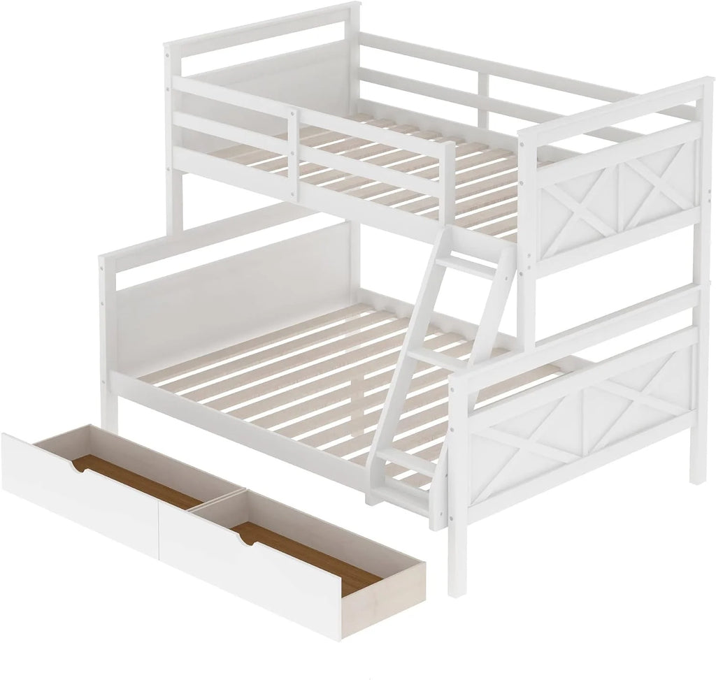 White Wooden Bunk Bed with 2 Storage Drawers and Ladder Y394