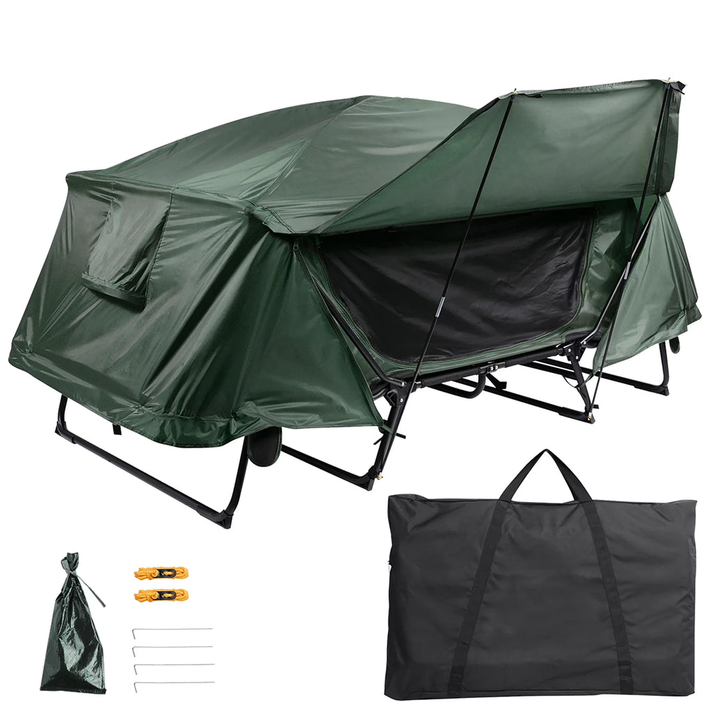 Green Double Tent Cot Folding Portable Waterproof Camping Bed for 2 Person with Rain Fly Bag P94810