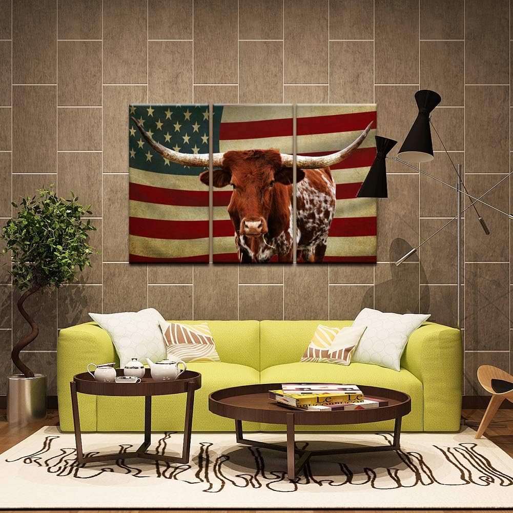 3 Piece Canvas Print Texas Longhorn with American USA Flag Wall Art R528718