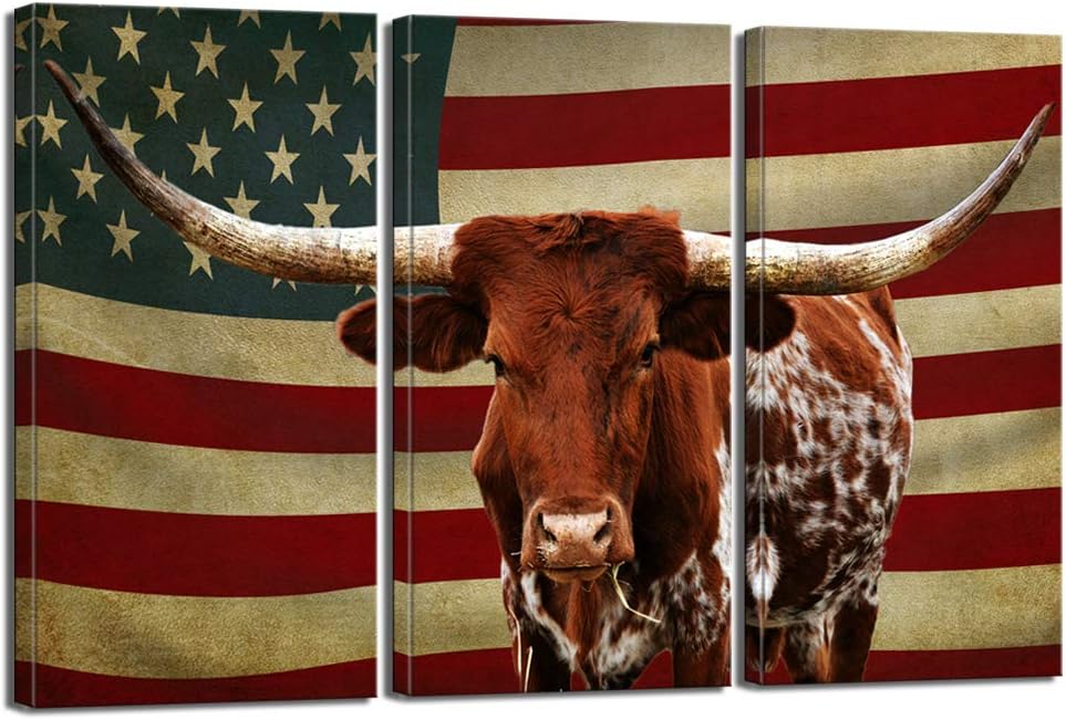 3 Piece Canvas Print Texas Longhorn with American USA Flag Wall Art R528718