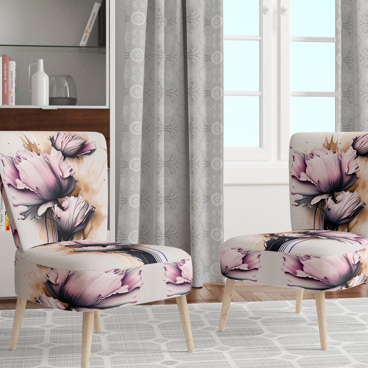 Pink Peony Flower On Abstract Paint Upholstered Floral Accent Chair W489982