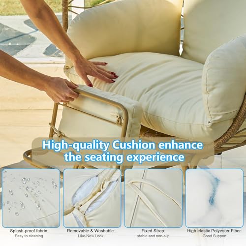 Oversized Beige Wicker Egg Chair with Cushion & Footrest C43527