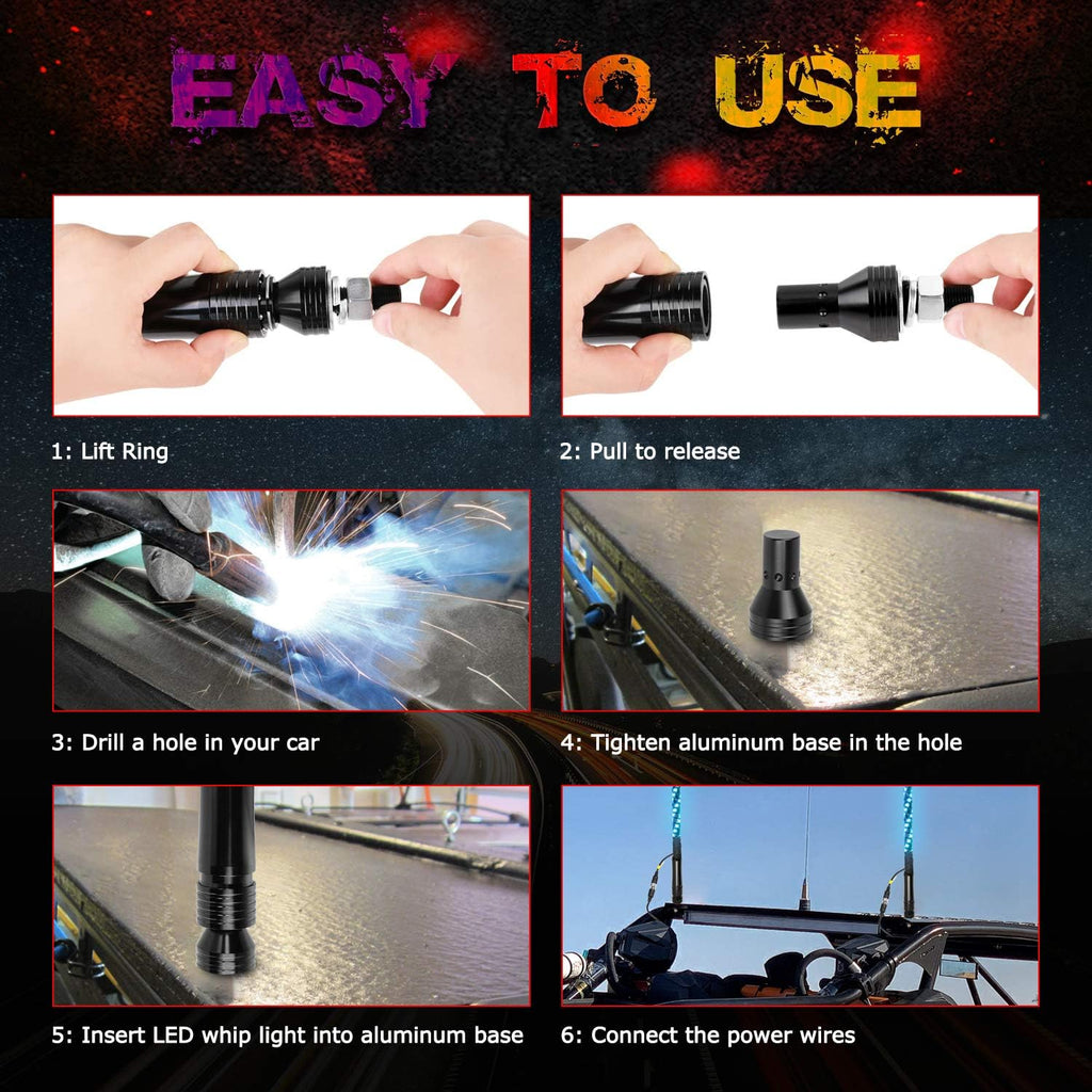 2PCS 3FT RGB Spiral LED Whip Lights for UTV ATV Offroad Trucks L209