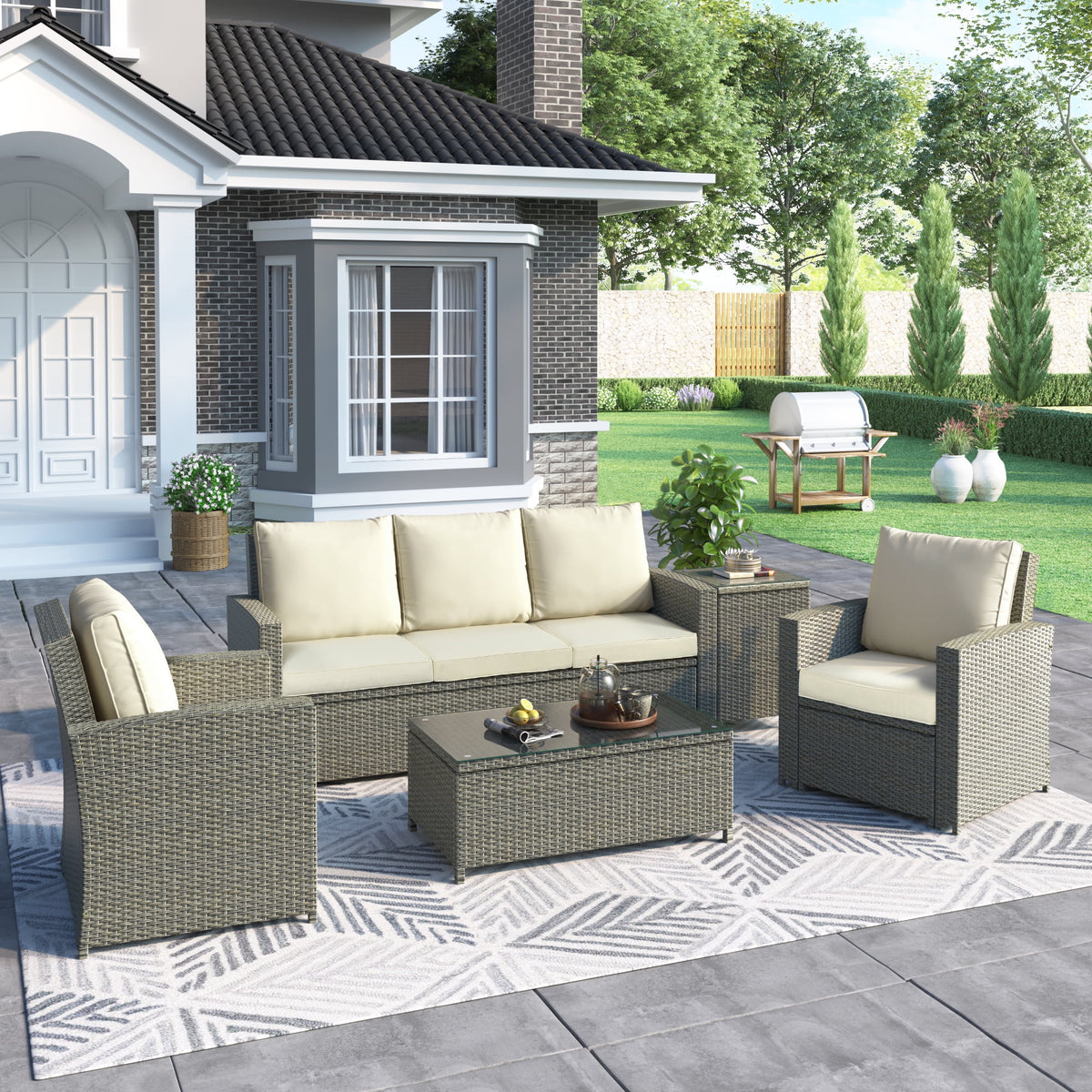 5 Piece Rattan Sectional Seating Group with Cushions and Table R5780