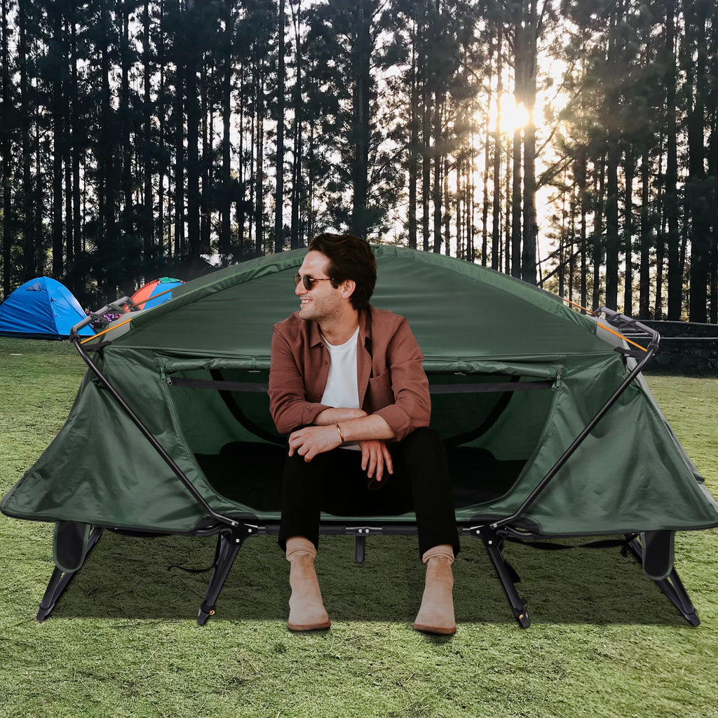 Green Double Tent Cot Folding Portable Waterproof Camping Bed for 2 Person with Rain Fly Bag P94810