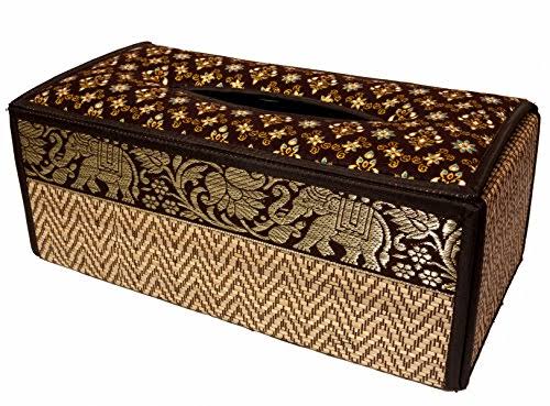 Natural Reed Wicker Tissue Box Cover with Plush Silk Trim S558