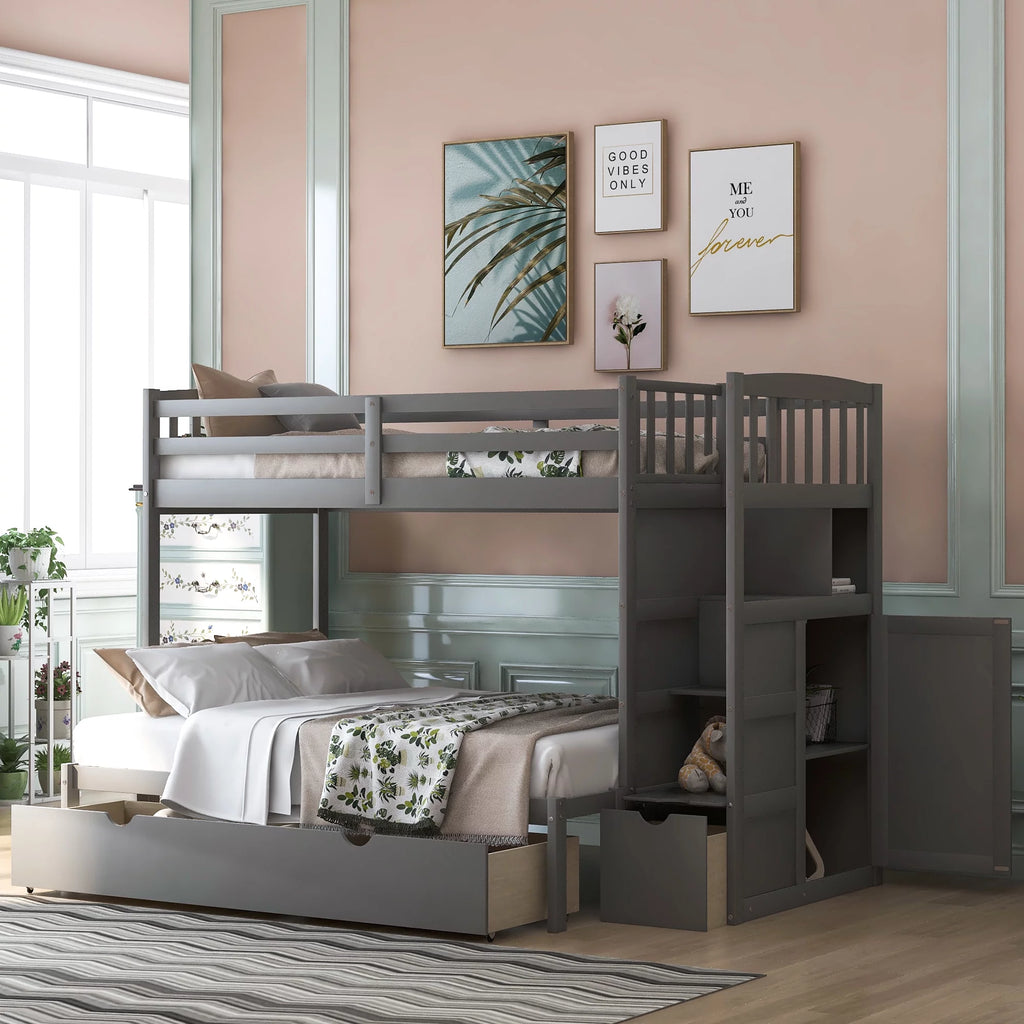 Twin over Twin or Twin over Full Bunk Bed with Drawers, Shelf and Storage Cabinet, Gray U1209