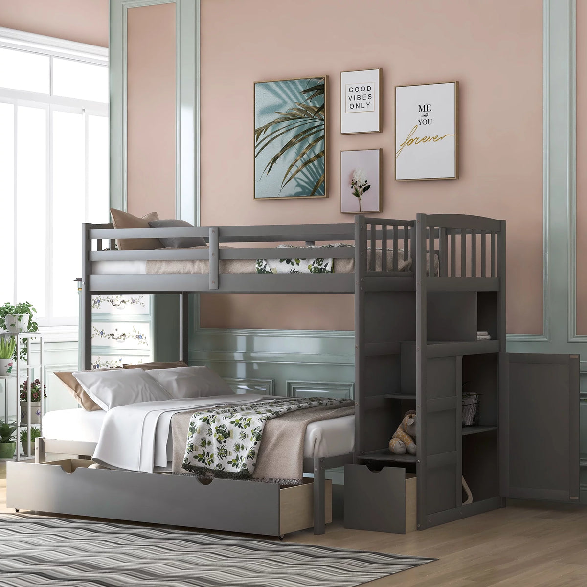 Twin over Twin or Twin over Full Bunk Bed with Drawers, Shelf and Storage Cabinet, Gray U1209