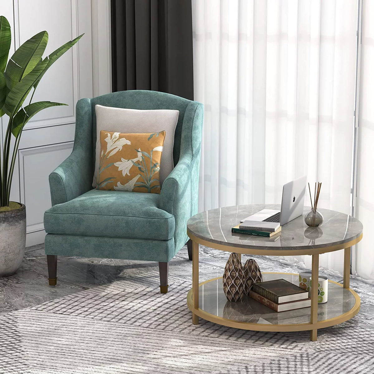 Round Coffee Table with Storage Open Shelf I205