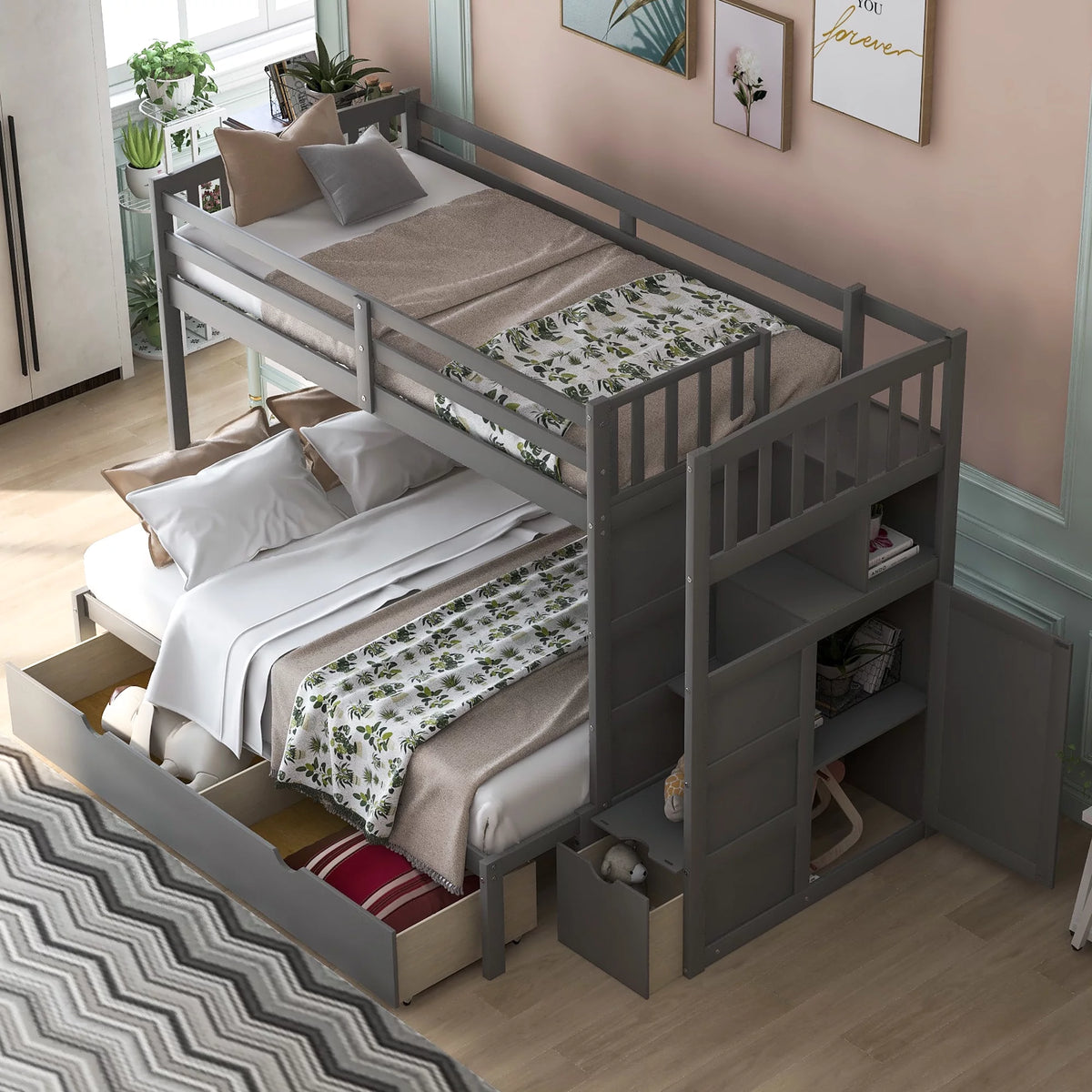 Twin over Twin or Twin over Full Bunk Bed with Drawers, Shelf and Storage Cabinet, Gray U1209