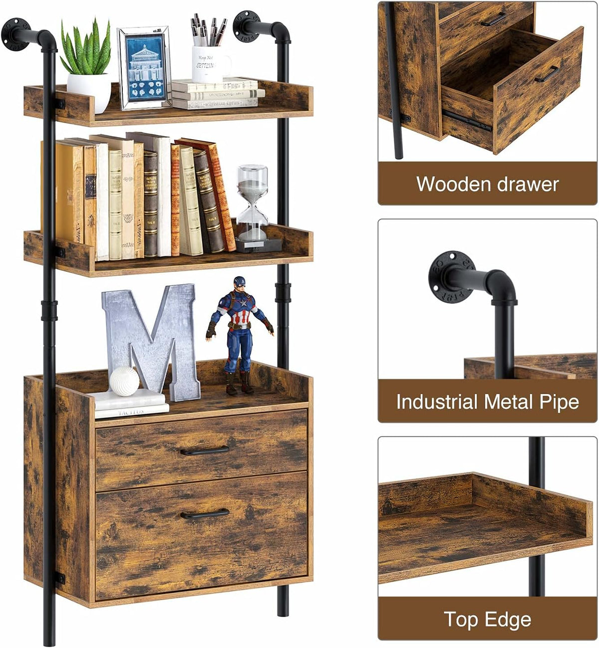 Industrial Bookshelf with 2 Wood Drawers, Wall Mounted 3-Tier Bookcase, Rustic Brown F5054
