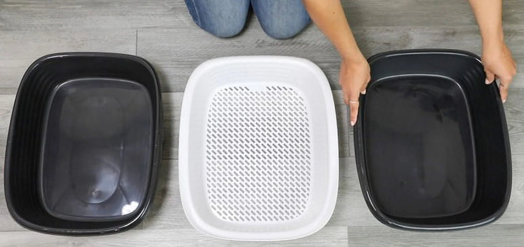2 Open Top Plastic Cat Litter Pans and Tray, Large, Black J890