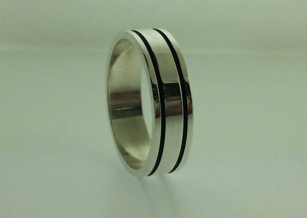 Polished Sterling Silver 6mm Double Black Groove Wedding Band 8 X908366