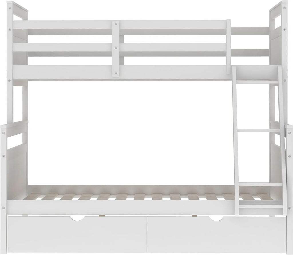 White Wooden Bunk Bed with 2 Storage Drawers and Ladder Y394