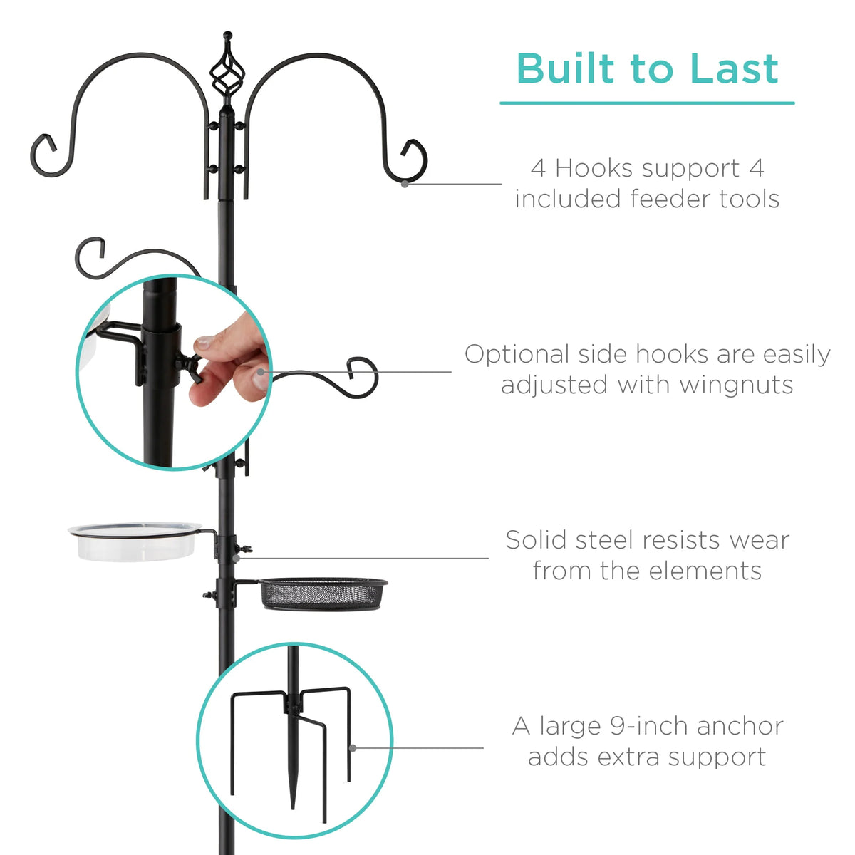 91in 4-Hook Steel Bird Feeding Station with Bird Bath K231172