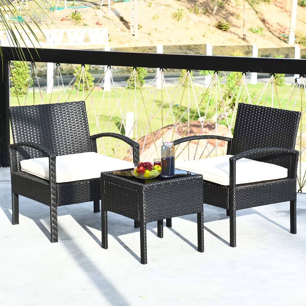 3 Pc Patio Rattan Furniture Set with Cushions I63846