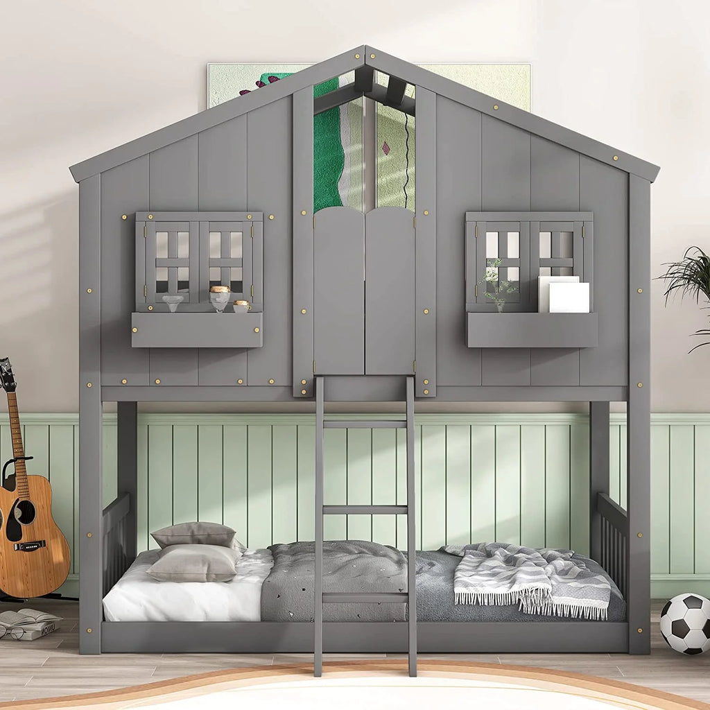 Gray Wood Kids Bed with Roof and Guardrails X18615