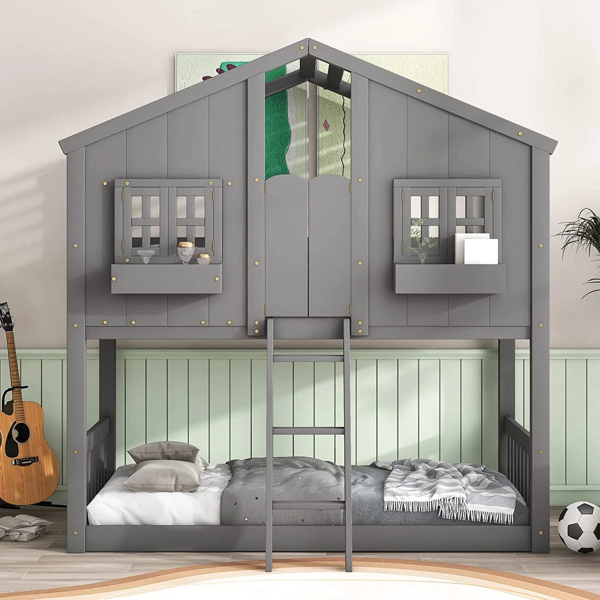 Gray Wood Kids Bed with Roof and Guardrails X18615