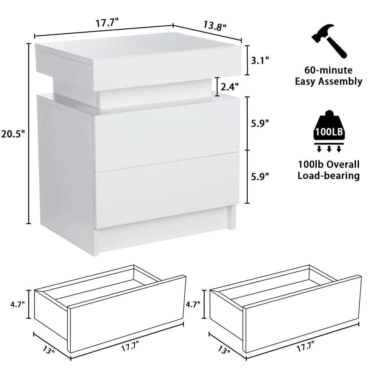 White 2 Drawer High Gloss Nightstand O61494