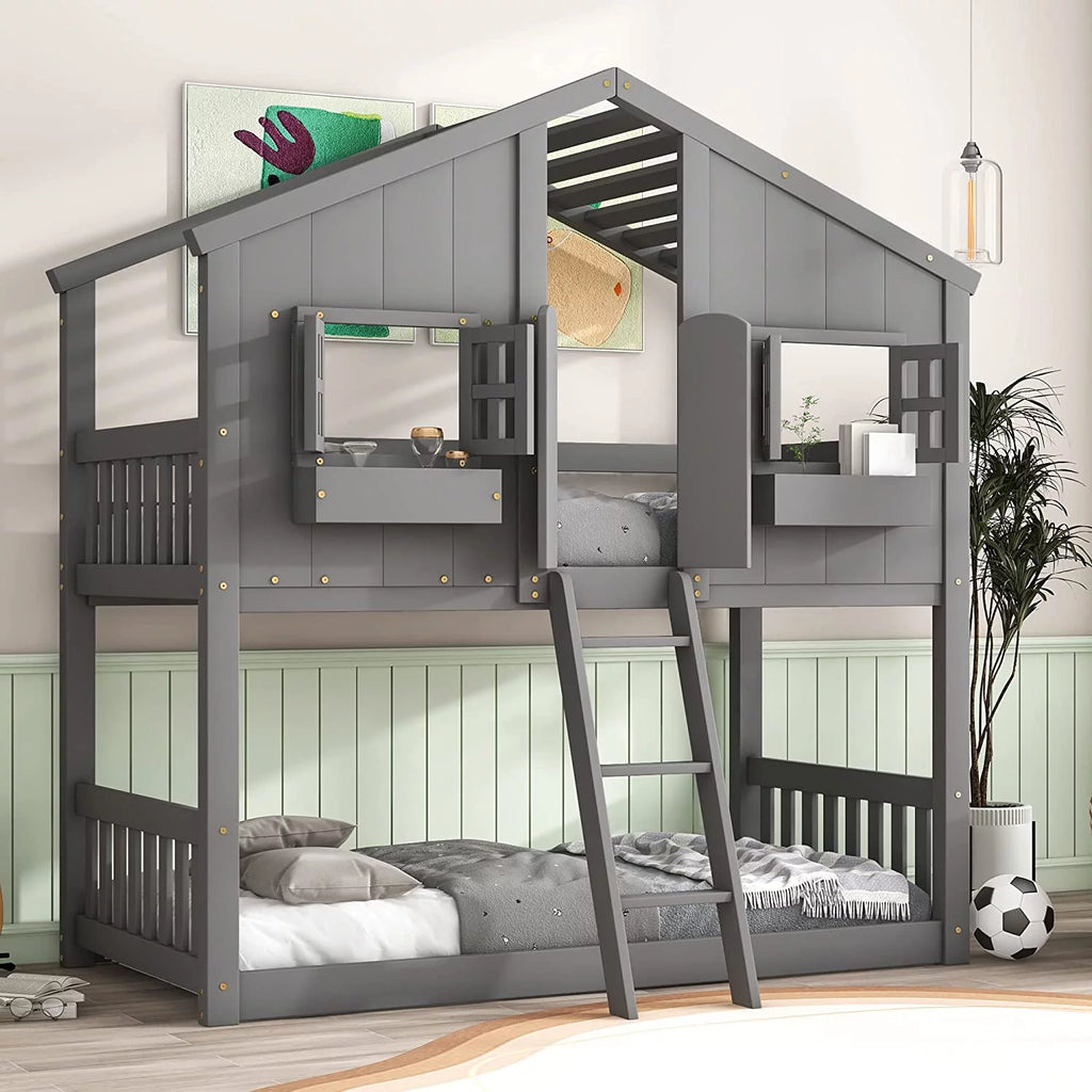 Gray Wood Kids Bed with Roof and Guardrails X18615