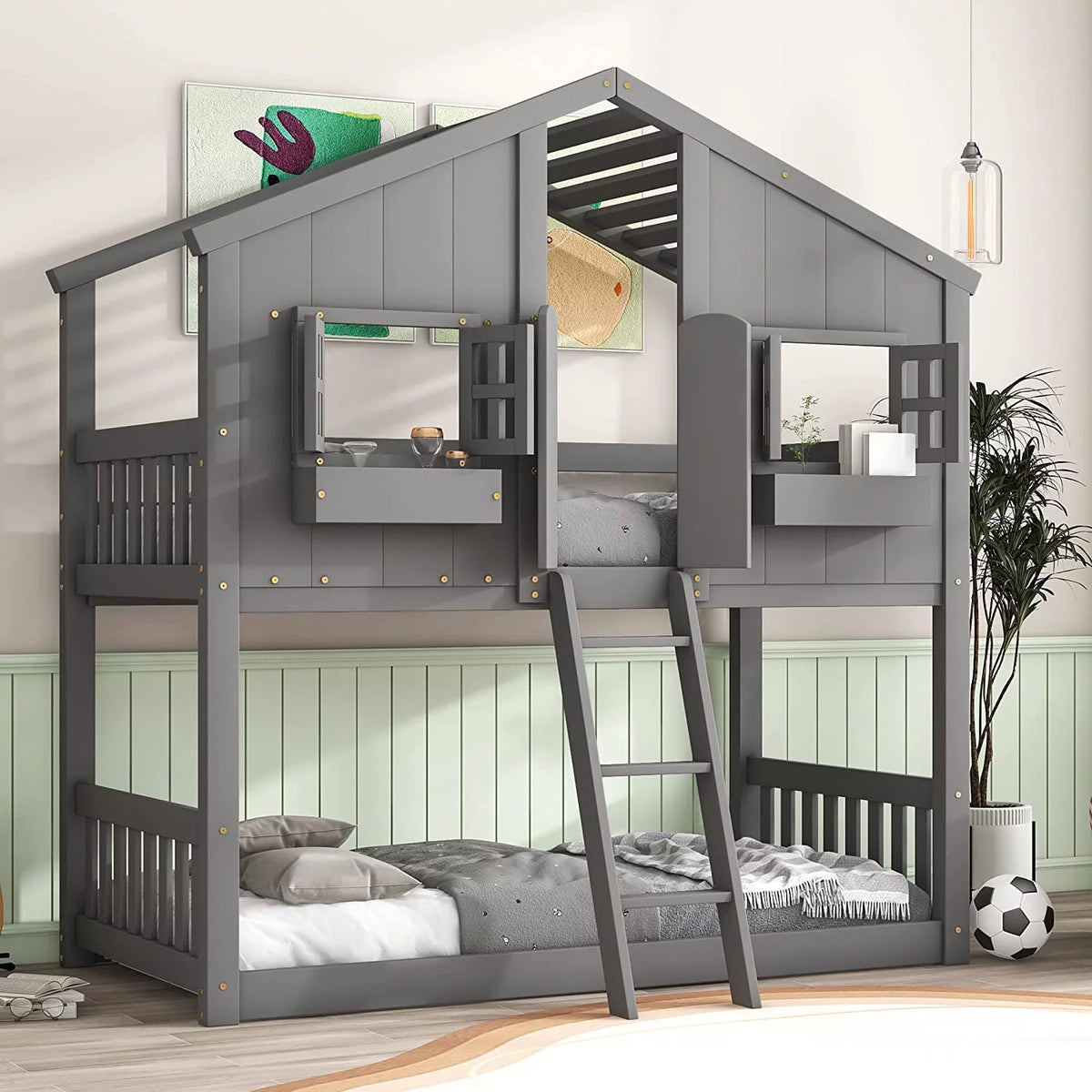 Gray Wood Kids Bed with Roof and Guardrails X18615
