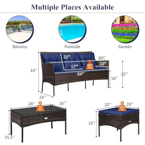 3 Pieces PE Rattan Wicker Patio Conversation Set with Cushions and Tempered Glass Coffee Table I98458