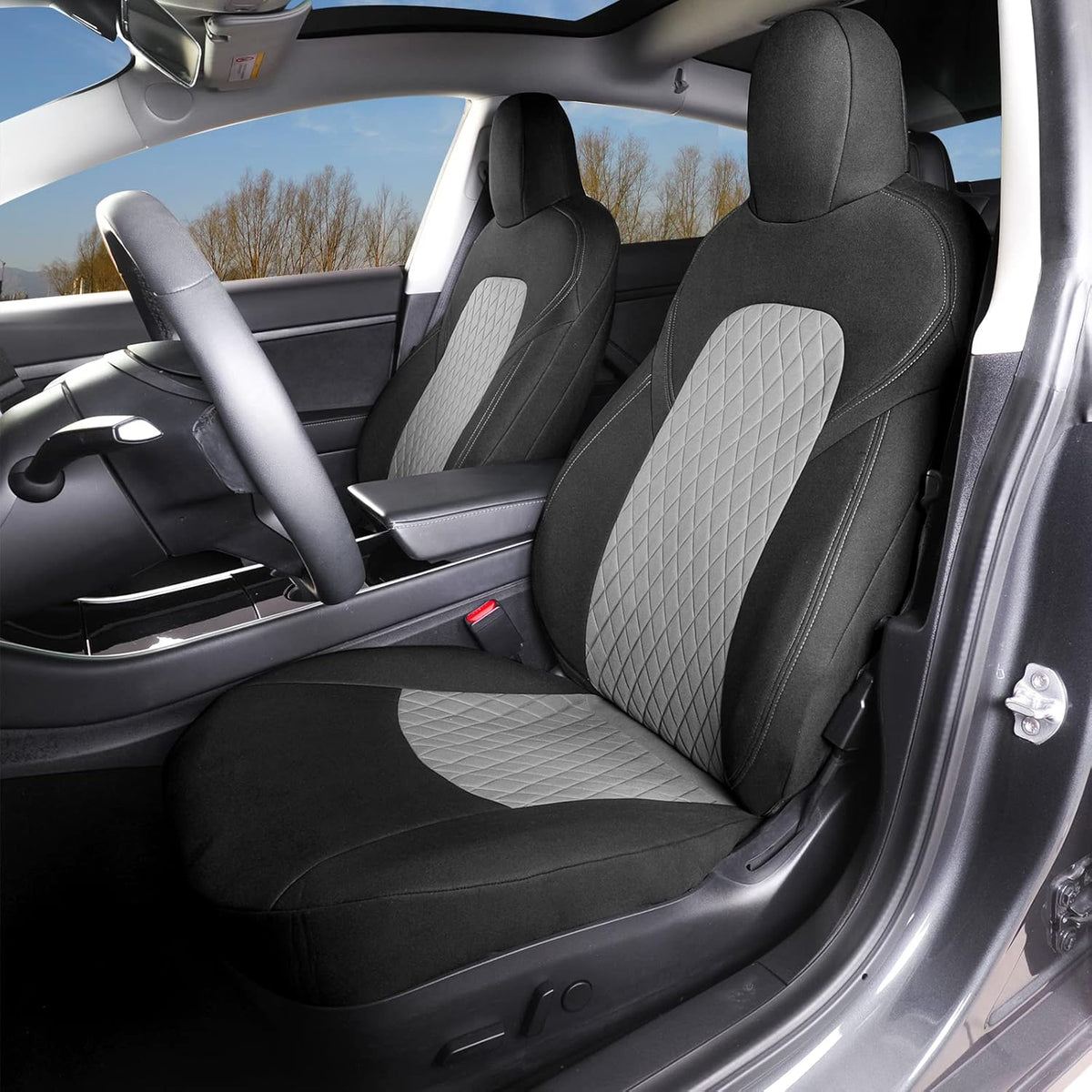 Red and Black Fabric Car Seat Cover Set for Tesla Model 3/Y Q985454
