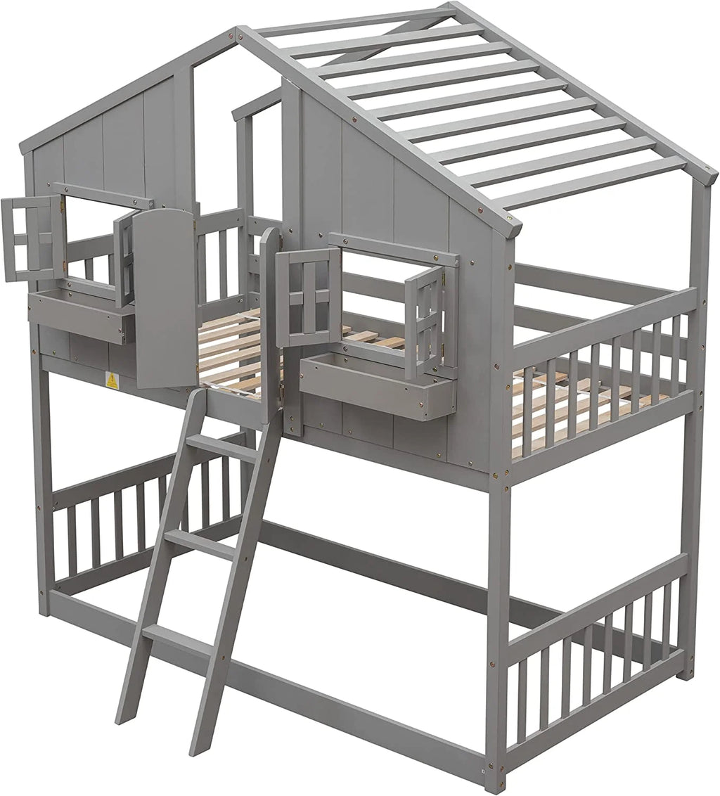 Gray Wood Kids Bed with Roof and Guardrails X18615