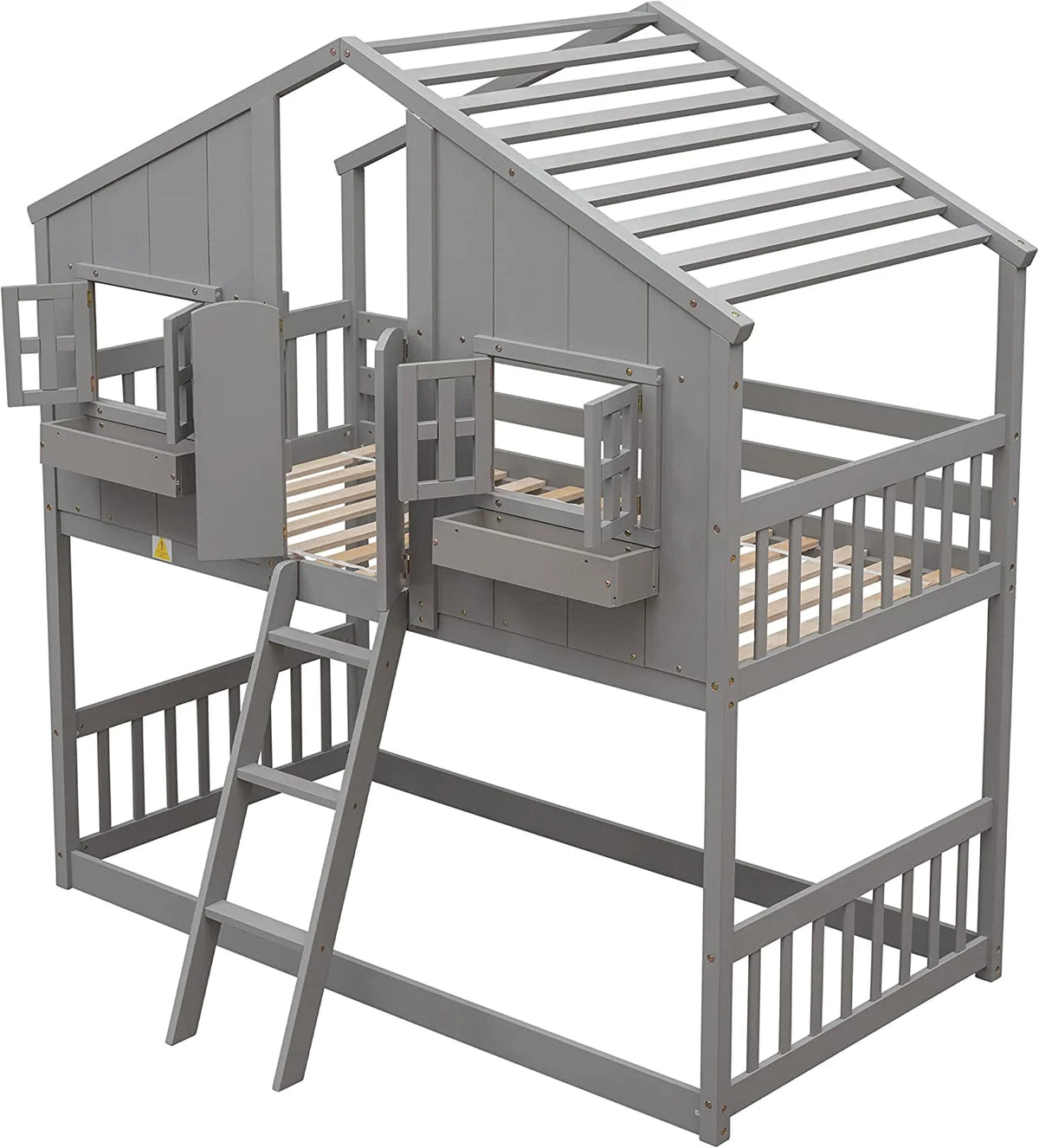 Gray Wood Kids Bed with Roof and Guardrails X18615