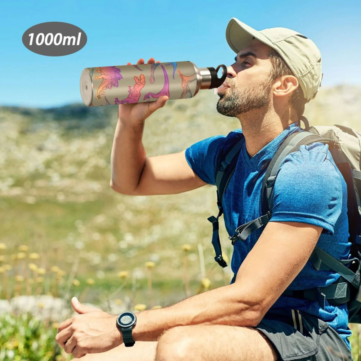 Colorful Dinosaur Stainless Steel Insulated Water Bottle with Straw Lid Y5118