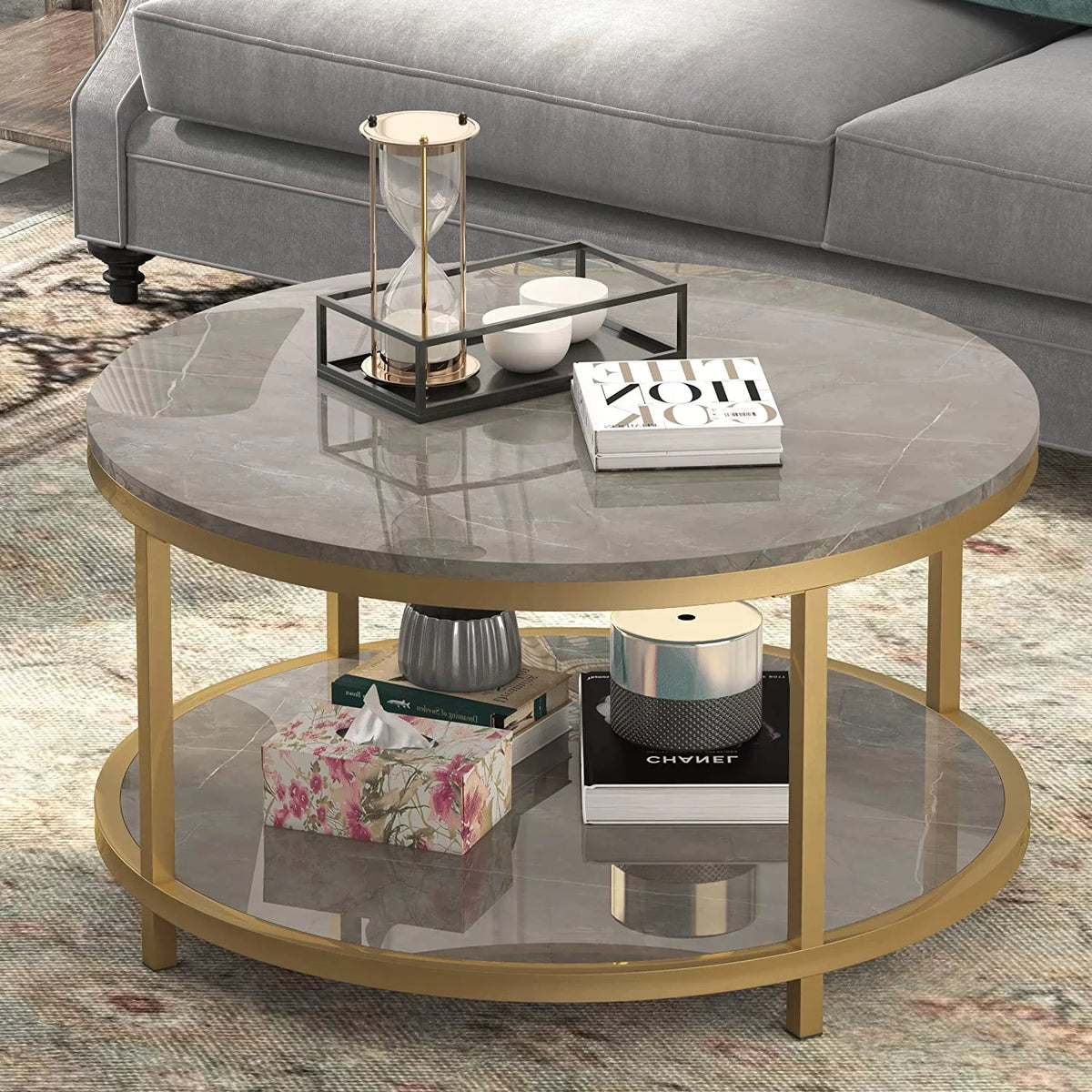 Round Coffee Table with Storage Open Shelf I205