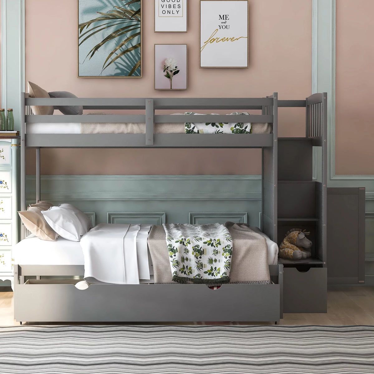 Twin over Twin or Twin over Full Bunk Bed with Drawers, Shelf and Storage Cabinet, Gray U1209
