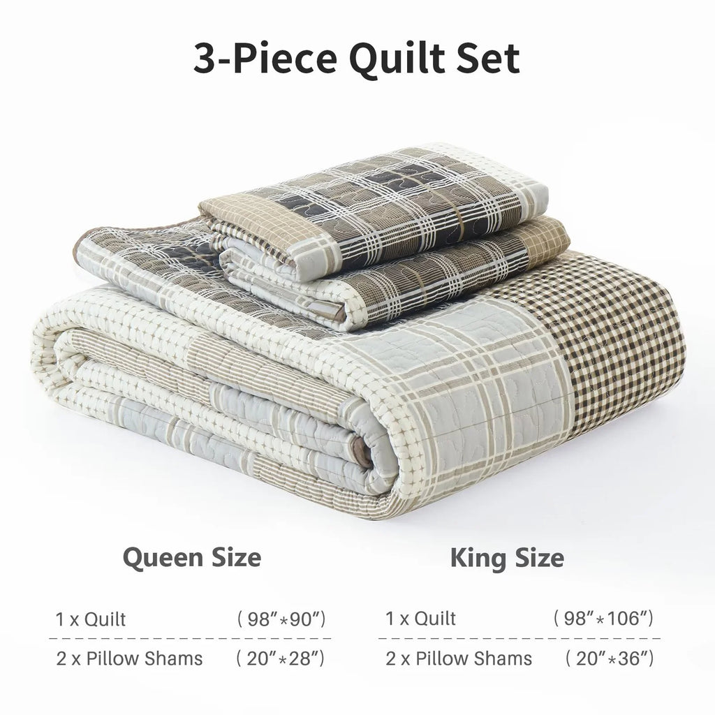 King Size 100% Cotton Beige Brown Patchwork Plaid Quilt Set 3-Piece O4744