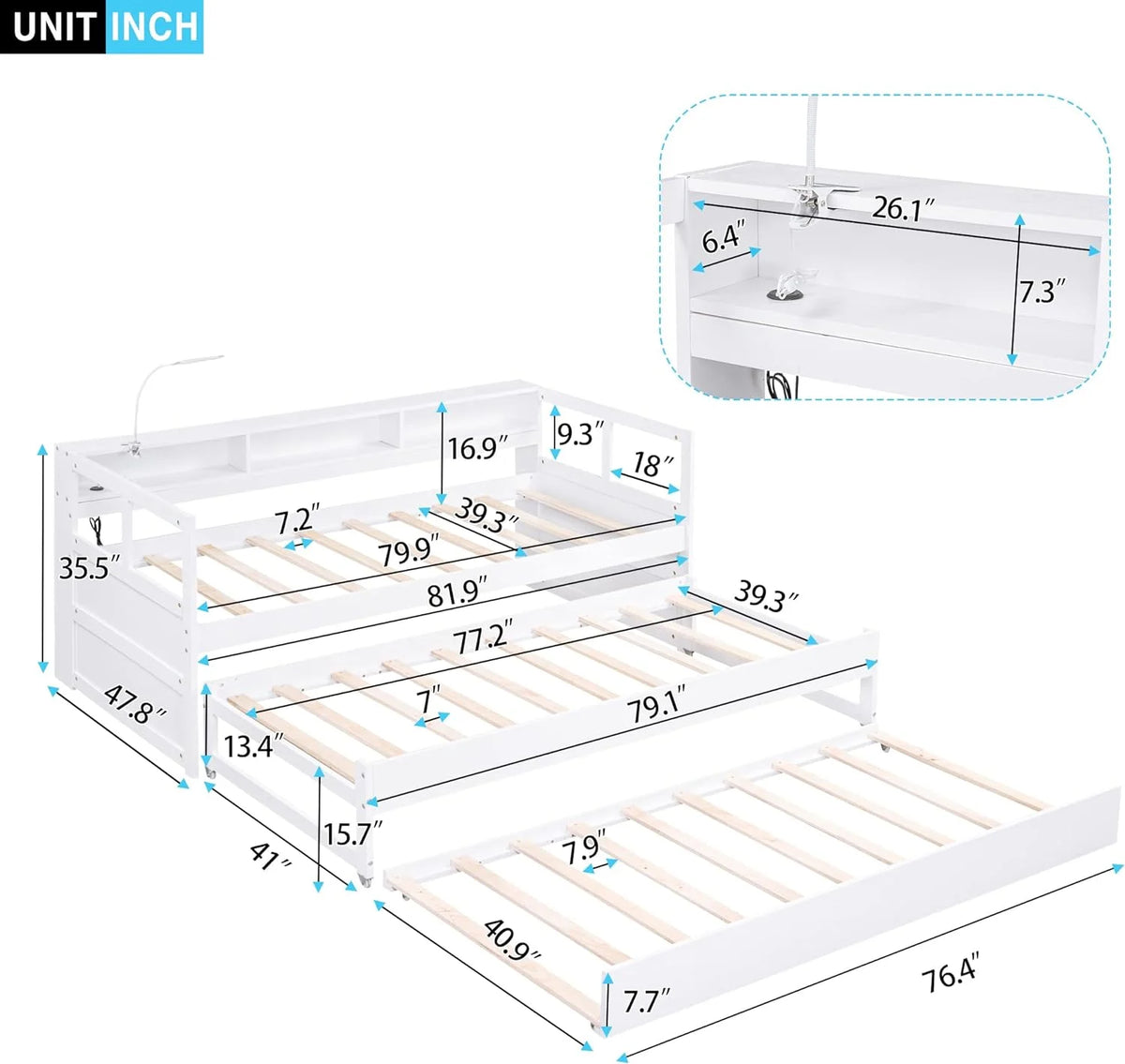 White XL Daybed with 2 Trundles, 3 Storage Cubbies, USB Charging Port, Solid Wood Sofa Bed Frame U8470